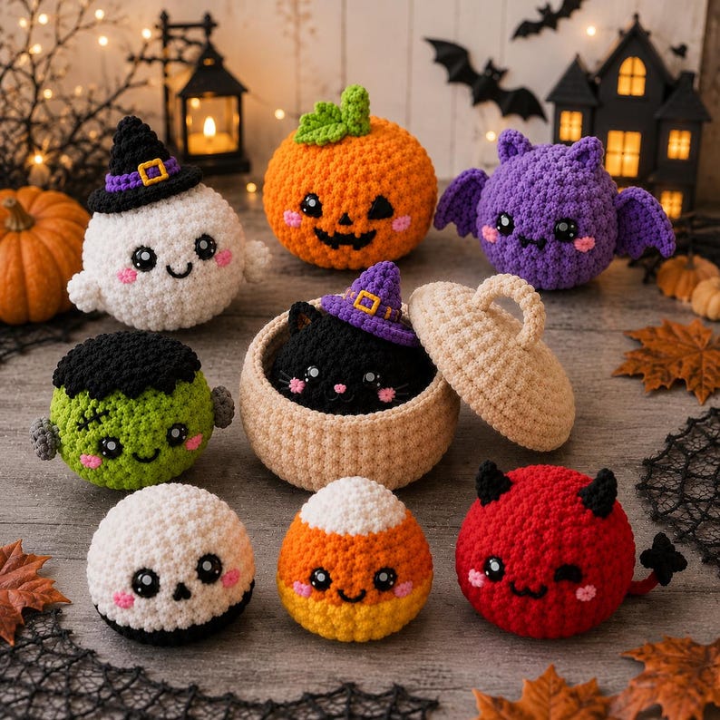 Halloween Crochet Bao Buns – Handmade Amigurumi Pumpkin, Ghost, Bat, Cat & Devil Plushies, Crochet Pumpkin Steamer, Handmade Halloween Plush
