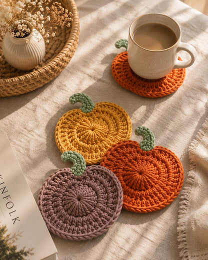 Crochet Pumpkin Coaster Set, Handmade Fall Mug Rug, Autumn Coffee Table Decor, Thanksgiving Gift, Farmhouse Kitchen Coasters, Housewarming
