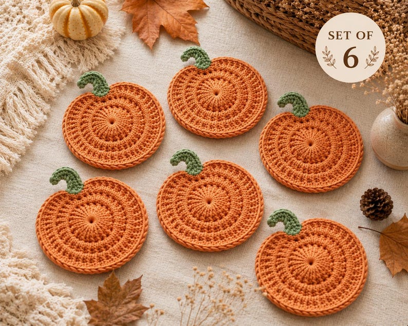 Crochet Pumpkin Coaster Set, Handmade Fall Mug Rug, Autumn Coffee Table Decor, Thanksgiving Gift, Farmhouse Kitchen Coasters, Housewarming