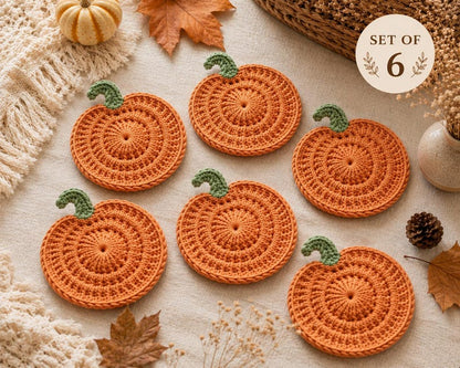Crochet Pumpkin Coaster Set, Handmade Fall Mug Rug, Autumn Coffee Table Decor, Thanksgiving Gift, Farmhouse Kitchen Coasters, Housewarming