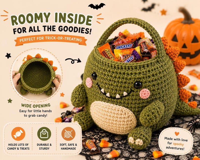 Personalized Crochet Dinosaur Halloween Candy Bag, Dino Trick or Treat Basket, Custom Name Gift, Toddler & Kids Small Large Sizes