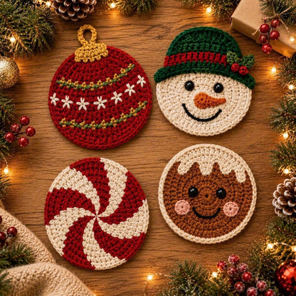 Crochet Christmas Coaster, Snowman Gingerbread Peppermint Mug Mat, Handmade Holiday Table Decor, Christmas Gift for Hostess