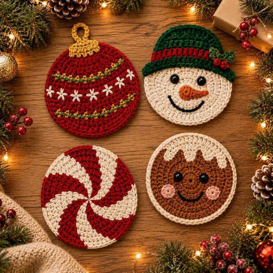Crochet Christmas Coaster, Snowman Gingerbread Peppermint Mug Mat, Handmade Holiday Table Decor, Christmas Gift for Hostess
