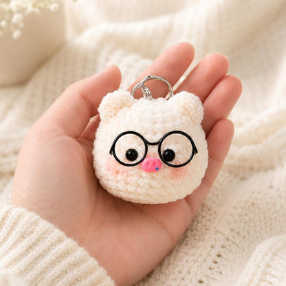 Crochet Pig Keychain | Cute Amigurumi Pig With Glasses | Handmade Bag Charm | Mini Plush Gift for Pig Lovers