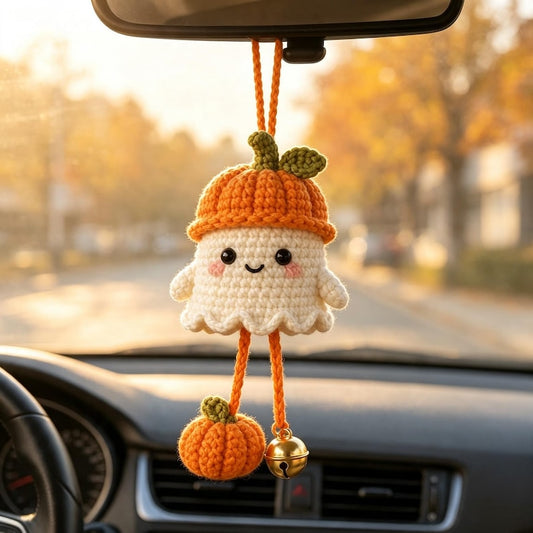 Handmade Crochet Halloween Ghost Car Hanging Ornament, Cute Spooky Car Accessory, Halloween Gift for Drivers, Friends and Coworkers