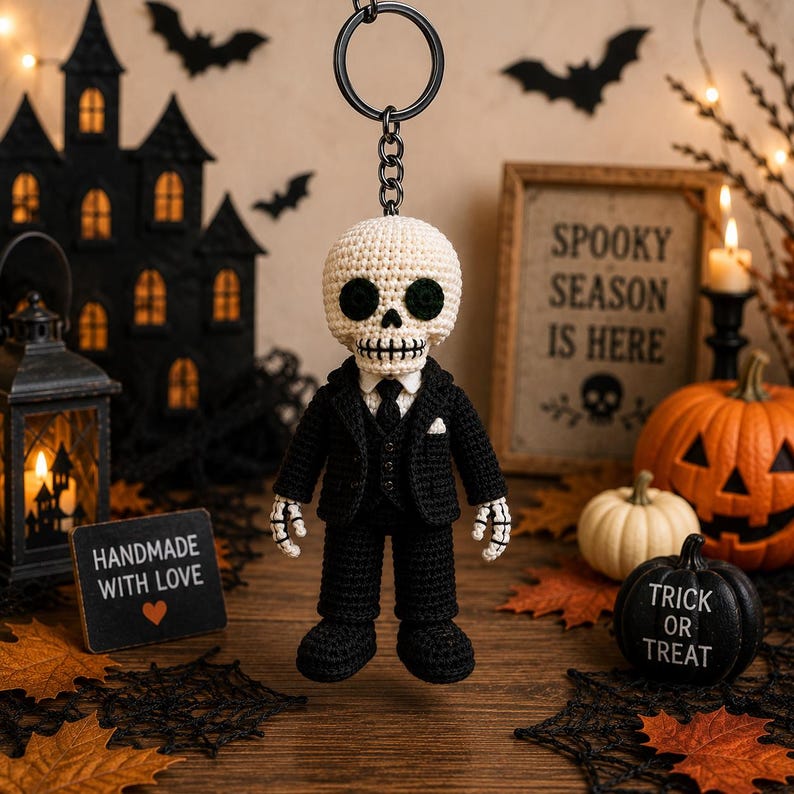Crochet Skeleton Keychain, Skeleton Car Hanger, Gothic Crochet Skeleton, Halloween Skeleton Plush, Handmade Skeleton Doll, Spooky Gift