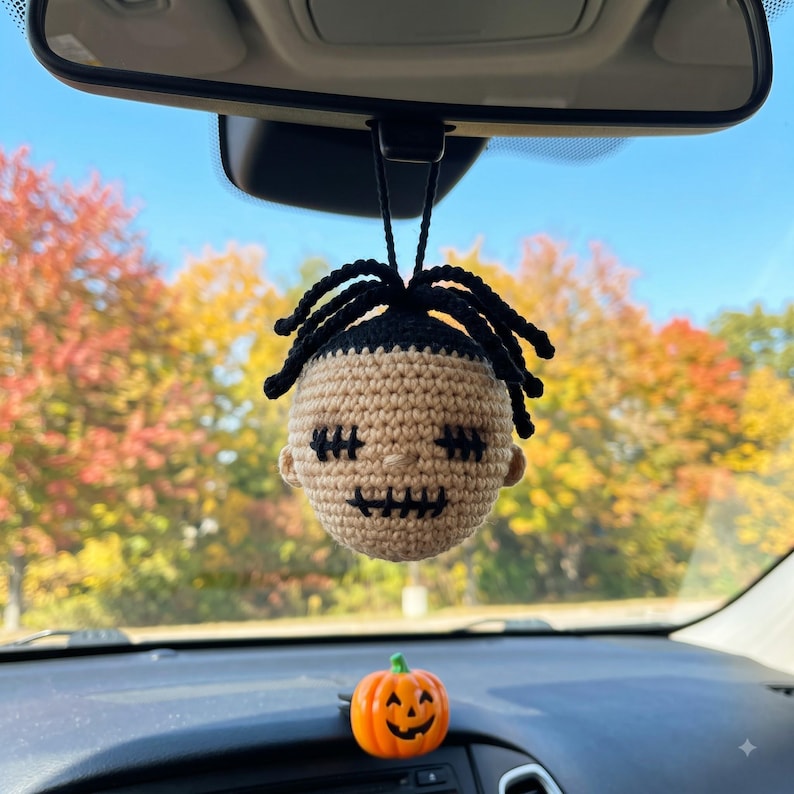 Crochet Halloween Car Hanging, Handmade Stitch Face Rearview Mirror Charm