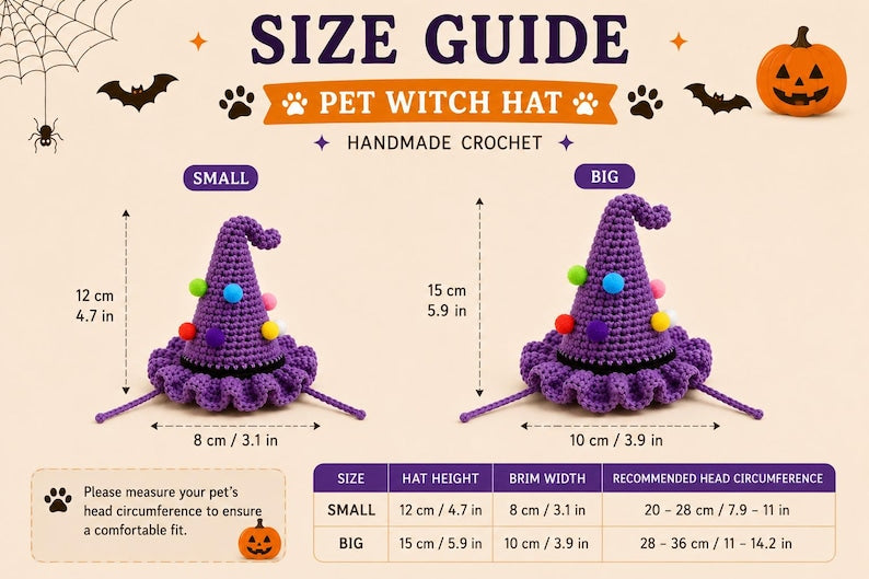 Crochet Halloween Pet Witch Hat, Dog & Cat Costume Hat, Handmade Purple Witch Hat, Small Big Sizes, Cute Pet Halloween Outfit
