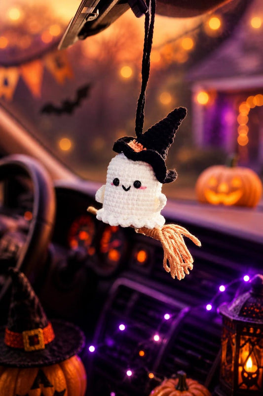 Cute Ghost Car Charm, Ghost On A Swing Car Charm, Crochet, Halloween Car Accessory, Car Ornament, Halloween Gift, Mirror Accessory,