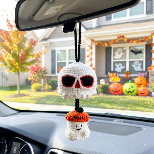 Handmade Halloween Skull Crochet Car Mirror Charm with Spooky Ghost