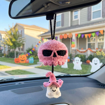 Handmade Halloween Skull Crochet Car Mirror Charm with Spooky Ghost