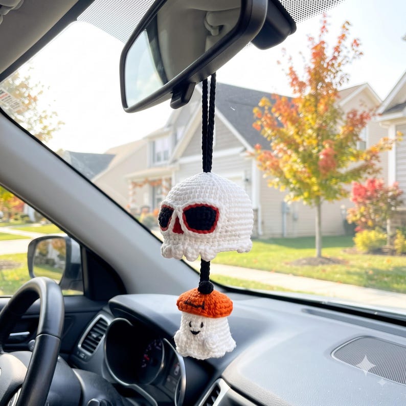 Handmade Halloween Skull Crochet Car Mirror Charm with Spooky Ghost