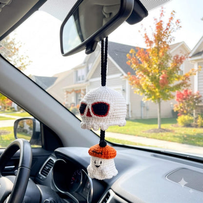 Handmade Halloween Skull Crochet Car Mirror Charm with Spooky Ghost