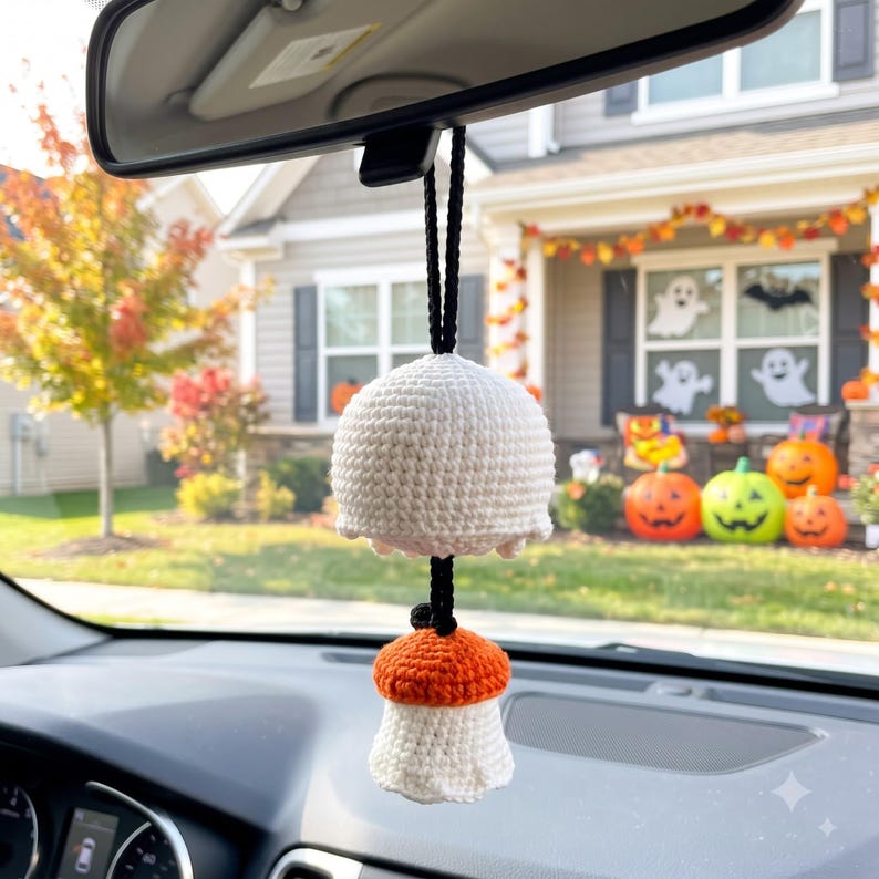 Handmade Halloween Skull Crochet Car Mirror Charm with Spooky Ghost