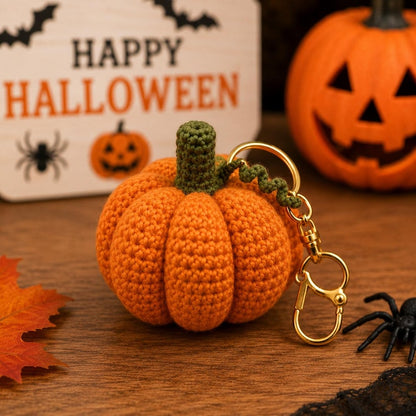 Crochet Pumpkin Halloween Decor, Handmade Pumpkin Desk Decor with Wooden Base, Pumpkin Keychain, Fall Office Decor, Cute Crochet Pumpkin