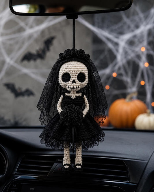 Crochet Skeleton Bride Car Hanger, Gothic Bride Keychain, Halloween Rear View Mirror Charm, Gothic Wedding Decor, Handmade Skeleton Doll
