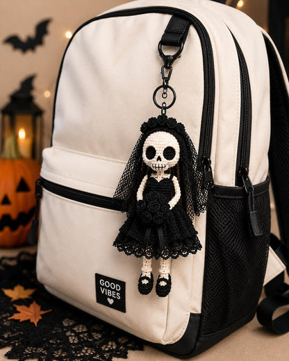 Crochet Skeleton Bride Car Hanger, Gothic Bride Keychain, Halloween Rear View Mirror Charm, Gothic Wedding Decor, Handmade Skeleton Doll