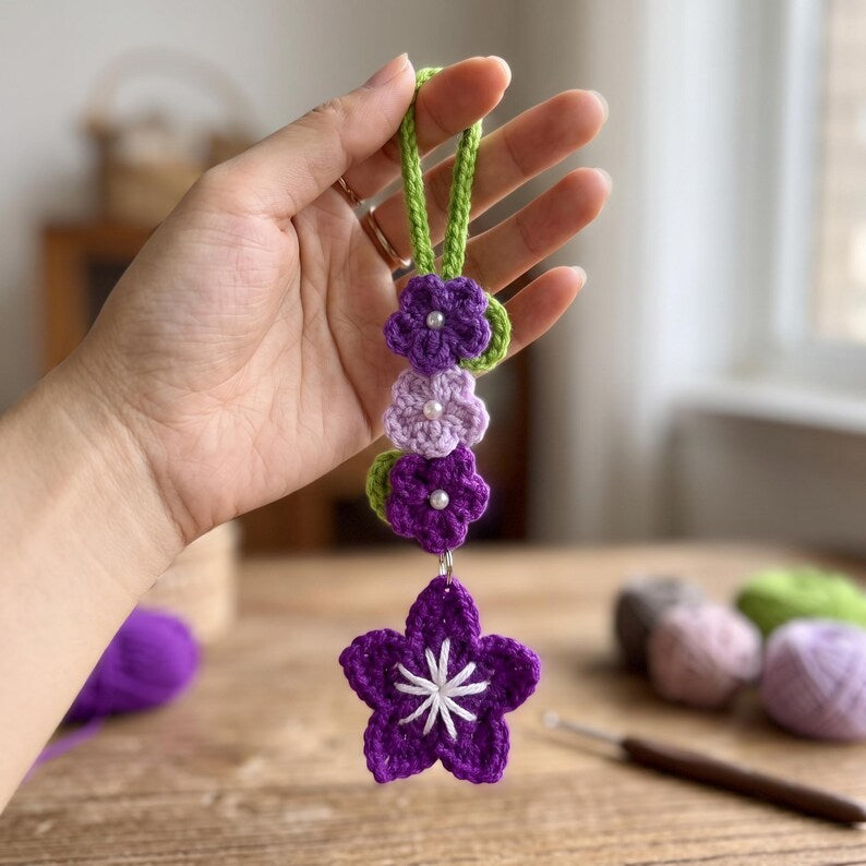 Handmade Crochet Flower Charm for Car Rearview Mirror