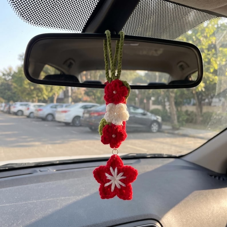 Handmade Crochet Flower Charm for Car Rearview Mirror