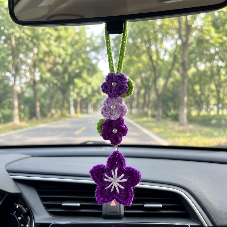 Handmade Crochet Flower Charm for Car Rearview Mirror