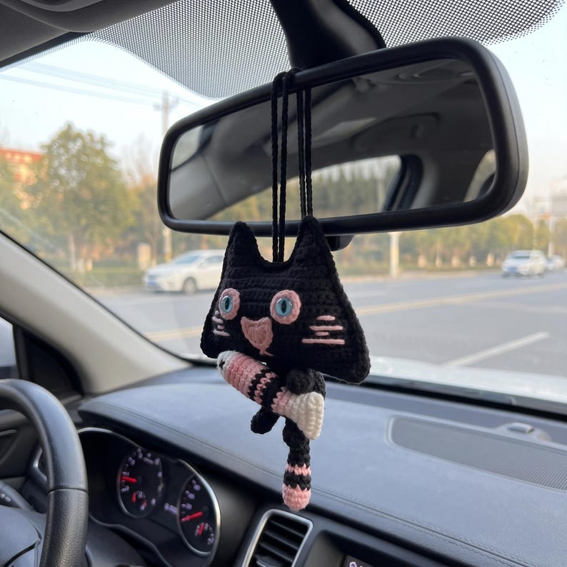 Black Cat Crochet Car Hanging, Handmade Cat Car Charm