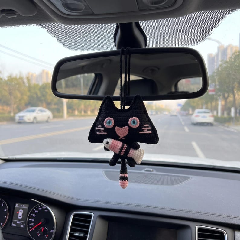 Black Cat Crochet Car Hanging, Handmade Cat Car Charm