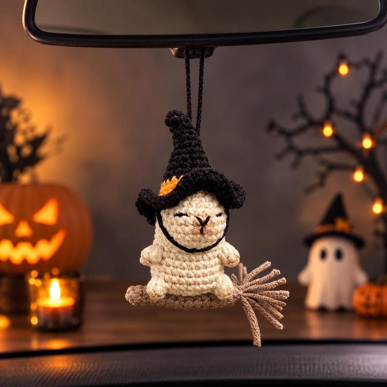 Crochet Capybara Witch Car Charm, Handmade Halloween Mirror Accessory, Cute Spooky Car Decor, Amigurumi Capybara Hanging, Halloween Gift