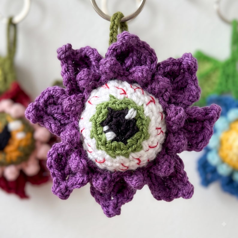 Spooky Eyeball Flower Crochet Keychain | Halloween Amigurumi Key Fob