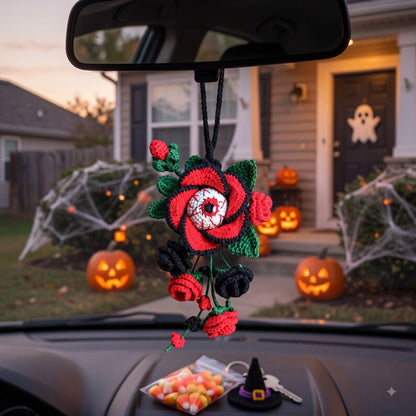 Hanmade Gothic Crochet Car Mirror Charm | Halloween Rose Eyeball Hanging Accessory