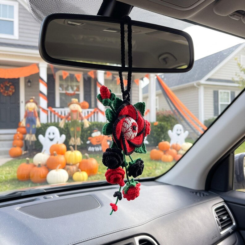 Hanmade Gothic Crochet Car Mirror Charm | Halloween Rose Eyeball Hanging Accessory