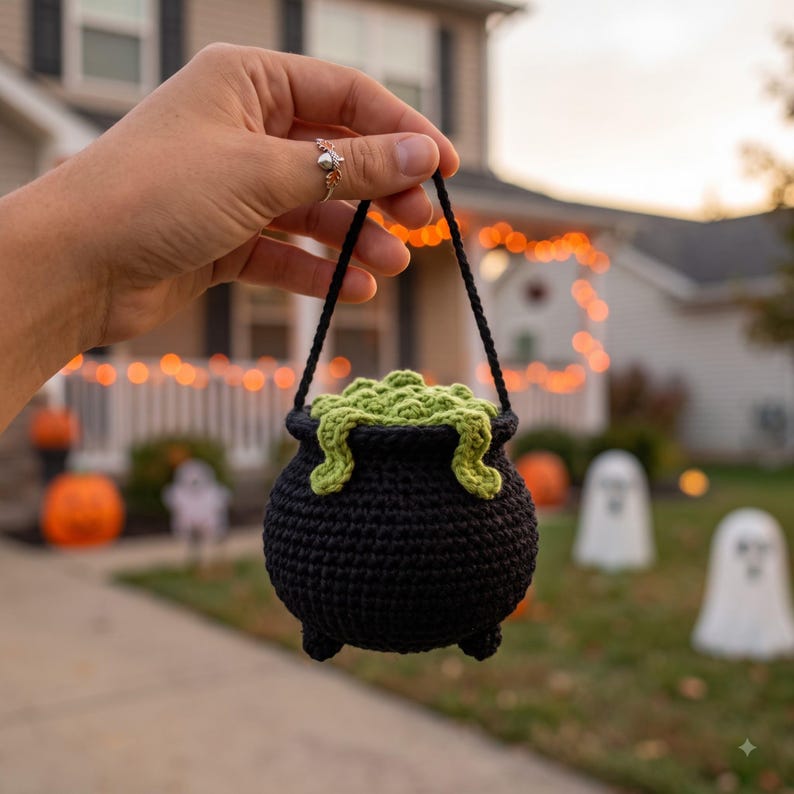 Handmade Crochet Halloween Cauldron Car Mirror Charm | Witch Cauldron Rearview Mirror Ornament