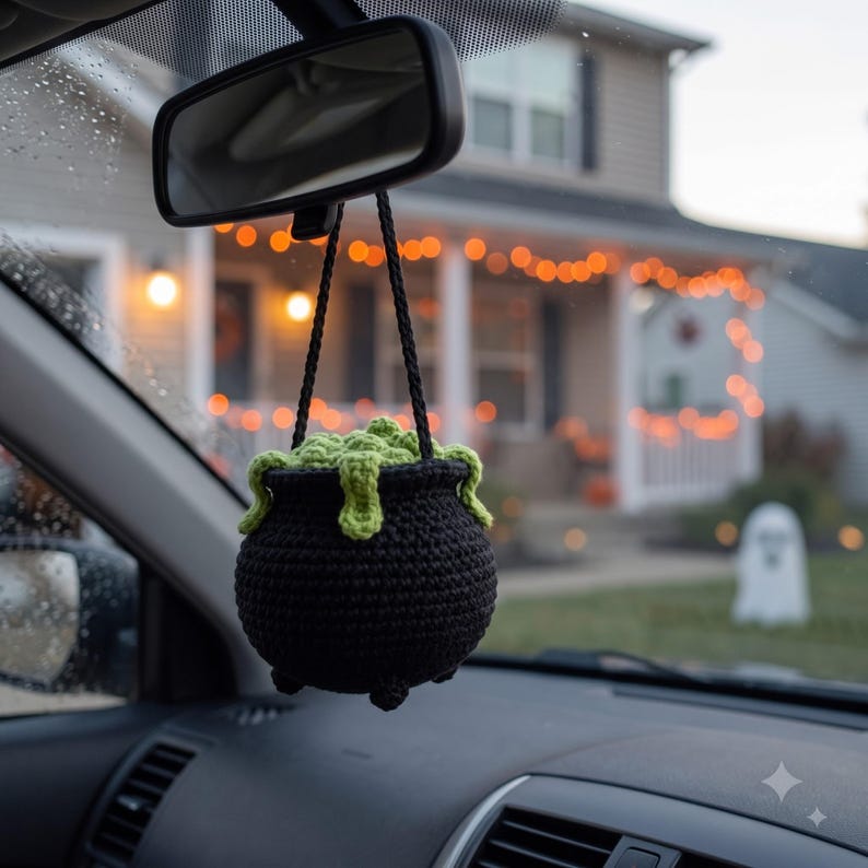 Handmade Crochet Halloween Cauldron Car Mirror Charm | Witch Cauldron Rearview Mirror Ornament