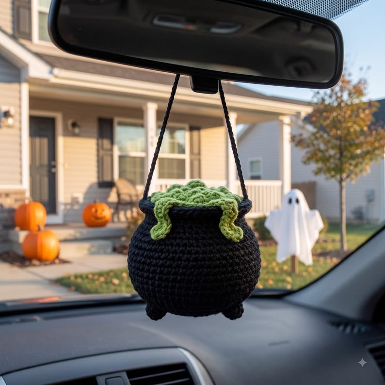 Handmade Crochet Halloween Cauldron Car Mirror Charm | Witch Cauldron Rearview Mirror Ornament