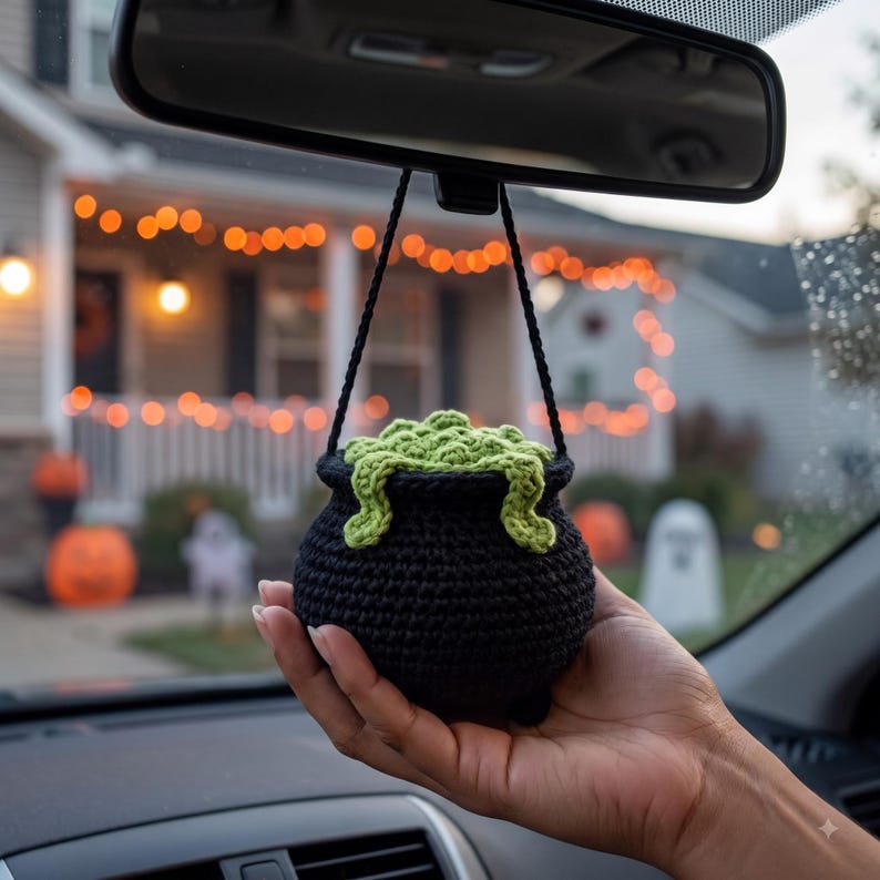 Handmade Crochet Halloween Cauldron Car Mirror Charm | Witch Cauldron Rearview Mirror Ornament