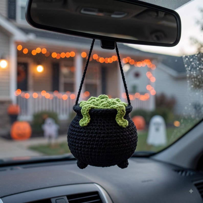 Handmade Crochet Halloween Cauldron Car Mirror Charm | Witch Cauldron Rearview Mirror Ornament