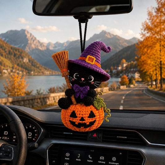Halloween Crochet Cat Car Charm, Witch Cat Pumpkin Rearview Mirror Hanging,Handmade Spooky Car Ornament, Cute Halloween Gift,Halloween Decor