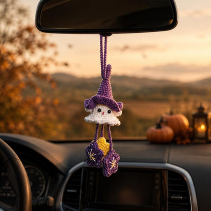 Handmade Ghost Car Charm | Cute Crochet Witch Ornament | Spooky Halloween Gift for Ghost Lovers