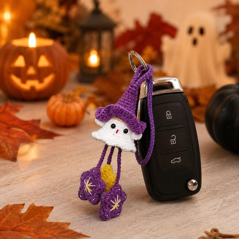 Handmade Ghost Car Charm | Cute Crochet Witch Ornament | Spooky Halloween Gift for Ghost Lovers