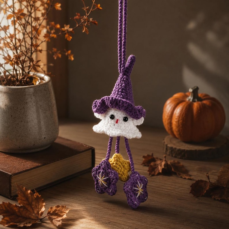 Handmade Ghost Car Charm | Cute Crochet Witch Ornament | Spooky Halloween Gift for Ghost Lovers