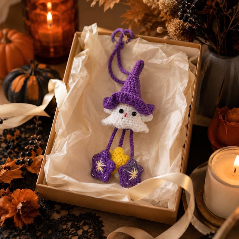 Handmade Ghost Car Charm | Cute Crochet Witch Ornament | Spooky Halloween Gift for Ghost Lovers