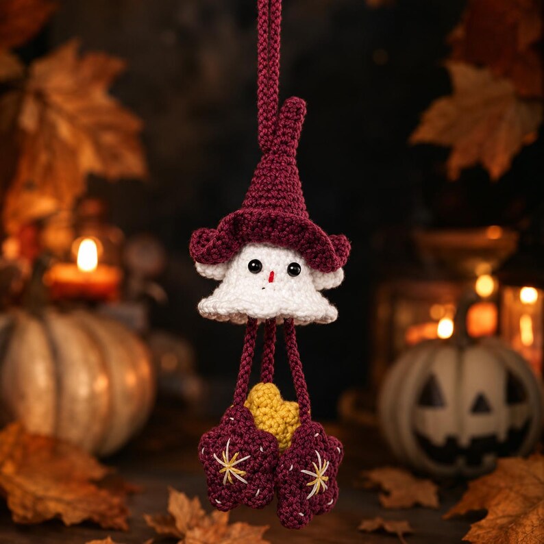 Handmade Ghost Car Charm | Cute Crochet Witch Ornament | Spooky Halloween Gift for Ghost Lovers