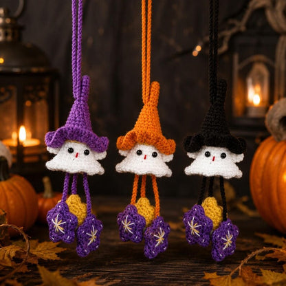 Handmade Ghost Car Charm | Cute Crochet Witch Ornament | Spooky Halloween Gift for Ghost Lovers