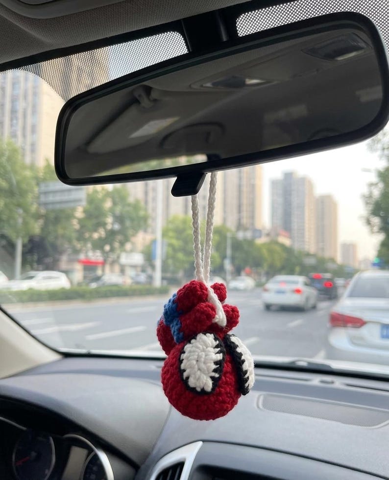 Crochet Spider Hero Car Mirror Hanging | Handmade Amigurumi Superhero Car Charm, Rearview Mirror Ornament, Gift for Comic Fans