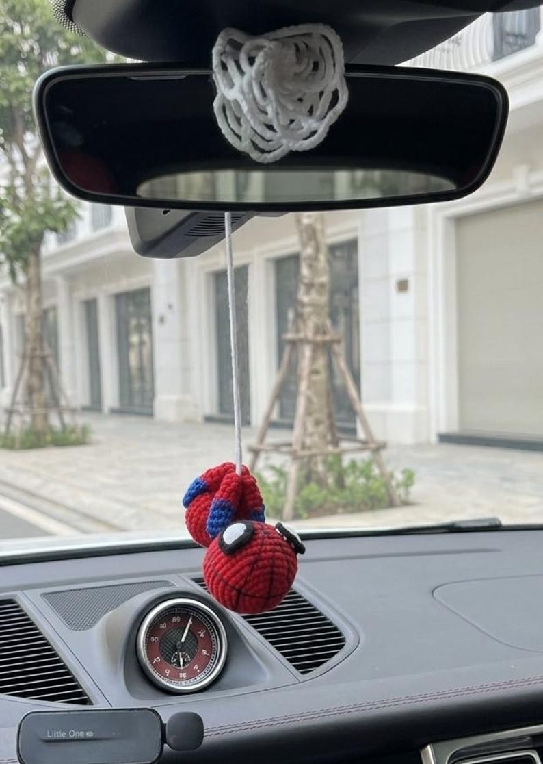 Crochet Spider Hero Car Mirror Hanging | Handmade Amigurumi Superhero Car Charm, Rearview Mirror Ornament, Gift for Comic Fans