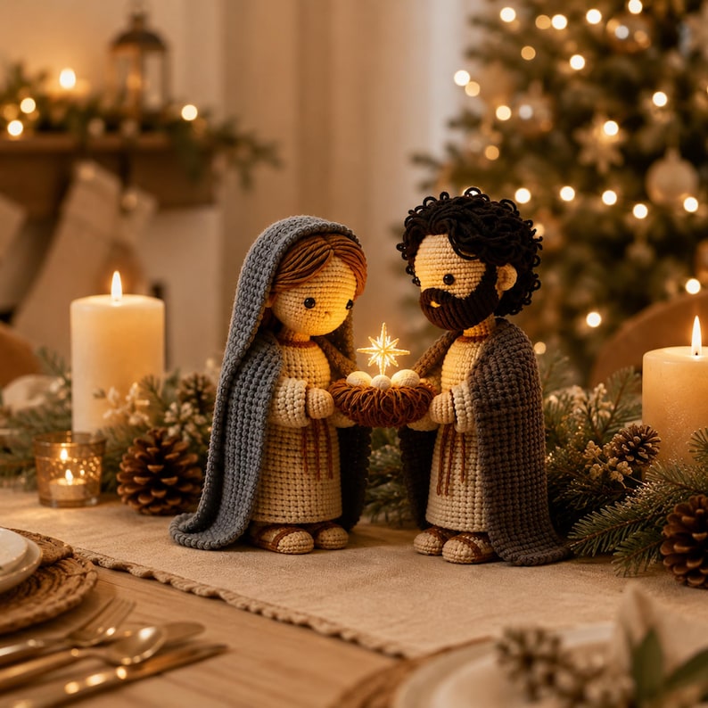 Christmas Crochet Set, Handmade Holy Family, Christmas Nativity Scene, Catholic Christmas Decoration, Christianity Gift Day, Display Shelf