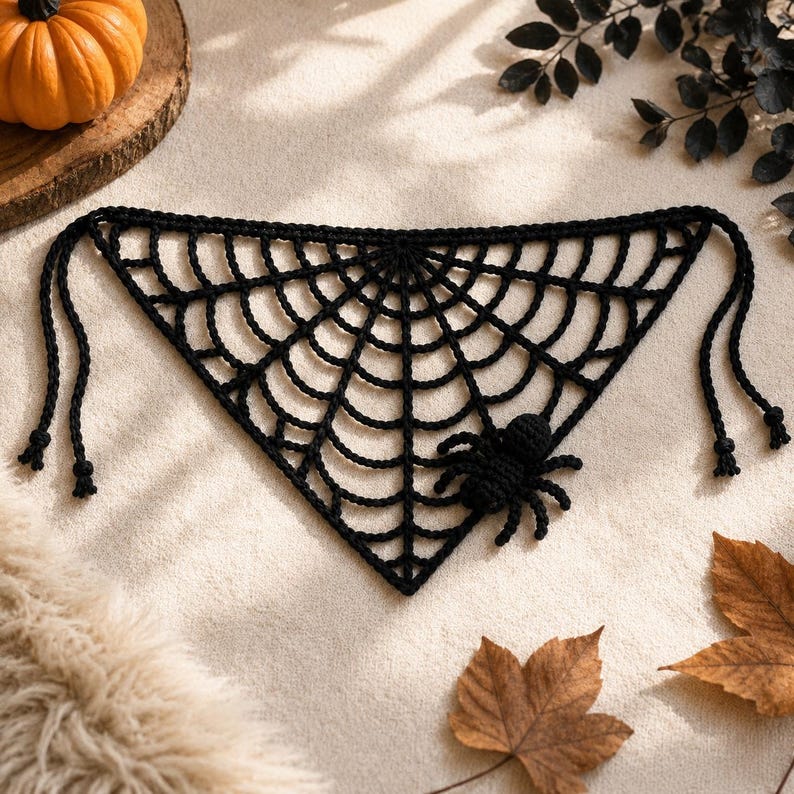Crochet Spider Web Bandana, Halloween Hair Scarf, Gothic Head Scarf with Detachable Spider Hair Clip, Spiderweb Head Wrap
