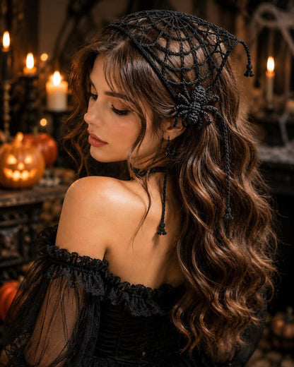 Crochet Spider Web Bandana, Halloween Hair Scarf, Gothic Head Scarf with Detachable Spider Hair Clip, Spiderweb Head Wrap