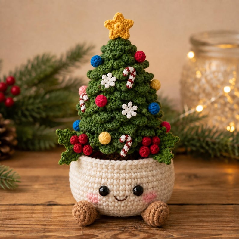 Crochet Christmas Pot Decor, Christmas Tree Candy Cane Gingerbread Snowman Amigurumi, Holiday Desk Decor, Handmade Christmas Gift