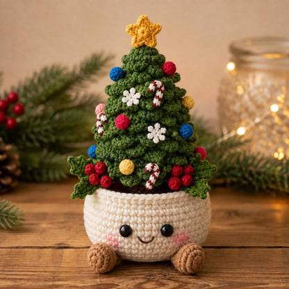 Crochet Christmas Pot Decor, Christmas Tree Candy Cane Gingerbread Snowman Amigurumi, Holiday Desk Decor, Handmade Christmas Gift