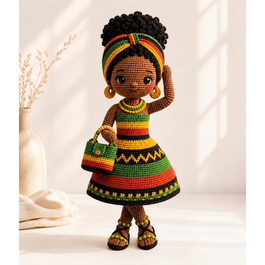 Handmade Crochet Afro Girl Doll, Black Amigurumi Doll, African Inspired Soft Toy, Personalized Crochet Gift, Nursery Decor, Baby Shower Gift
